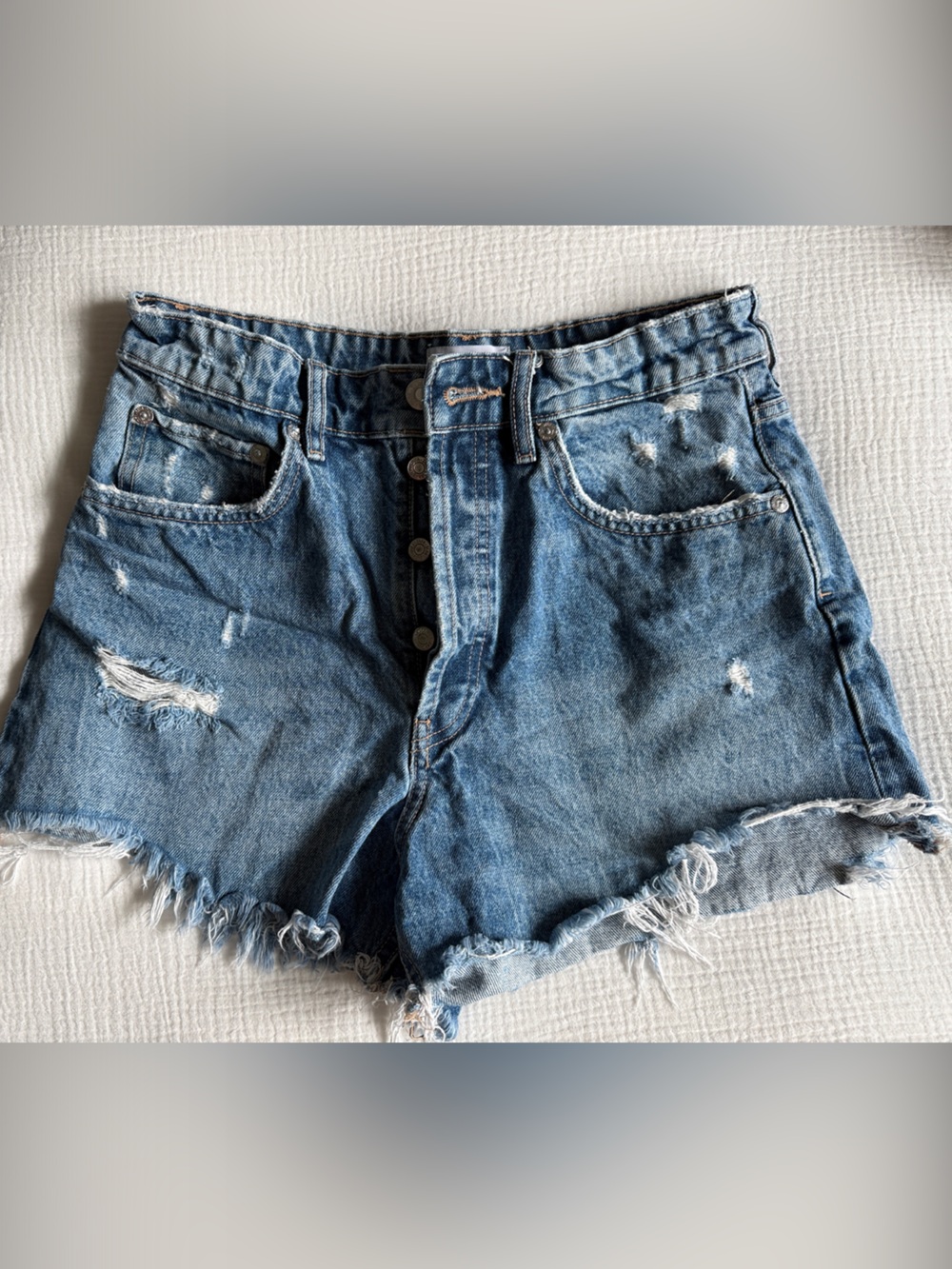 Zara Distressed Light Blue High-Rise Button Fly Denim Shorts
